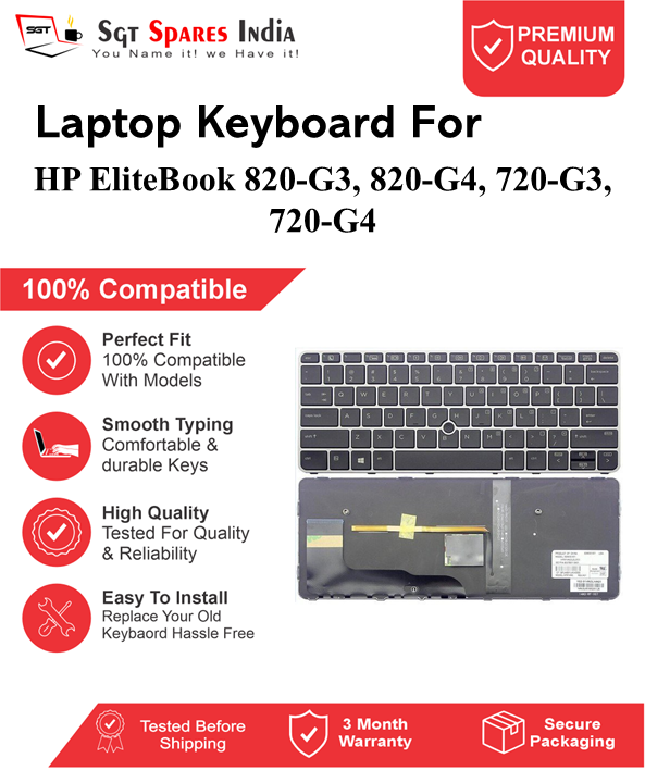 HP EliteBook 820-G3, 820-G4, 720-G3, 720-G4 Black With Backlight and Without Backlight Laptop Keyboard Compatible Replacement