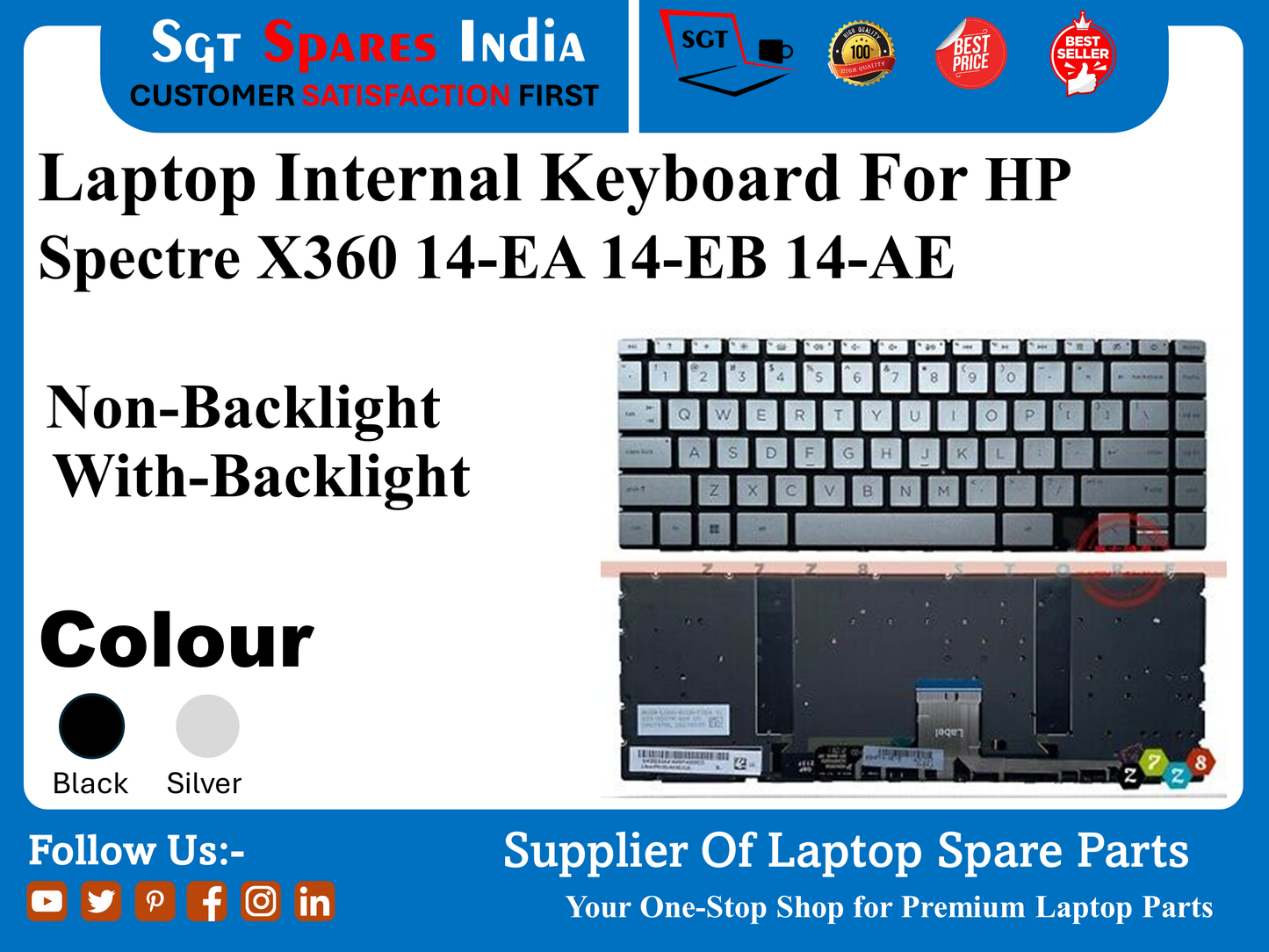 HP Spectre X360 14-EA 14-EB 14-AE के लिए लैपटॉप इंटरनल कीबोर्ड नॉन-बैकलाइट बैकलाइट के साथ रंग काला सिल्वर