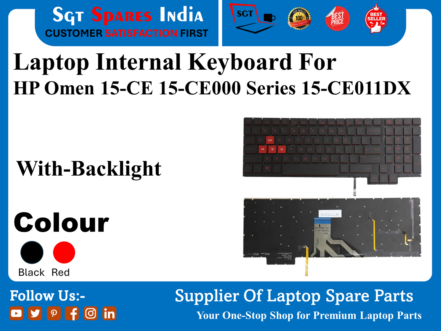HP Omen 15-CE 15-CE000 सीरीज 15-CE011DX के लिए लैपटॉप इंटरनल कीबोर्ड बैकलाइट के साथ रंग काला लाल