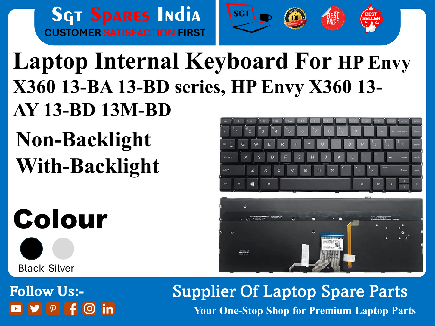 HP Envy X360 13-BA 13-BD सीरीज के लिए लैपटॉप इंटरनल कीबोर्ड, HP Envy X360 13- AY 13-BD 13M-BD नॉन-बैकलाइट बैकलाइट के साथ रंग काला सिल्वर