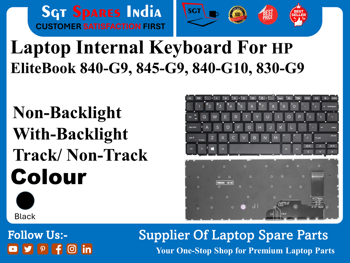 HP EliteBook 840-G9, 845-G9, 840-G10, 830-G9 के लिए लैपटॉप इंटरनल कीबोर्ड नॉन-बैकलाइट विद-बैकलाइट ट्रैक/ नॉन-ट्रैक रंग काला