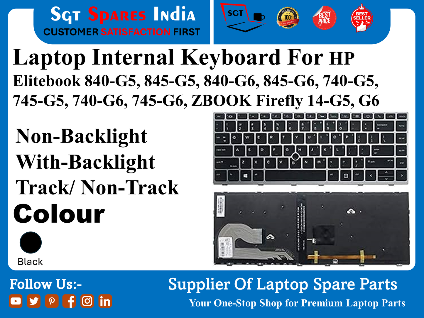 HP Elitebook 840-G5, 845-G5, 840-G6, 845-G6, 740-G5, 745-G5, 740-G6, 745-G6, ZBOOK Firefly 14-G5, G6 नॉन-बैकलाइट विद-बैकलाइट ट्रैक/ नॉन-ट्रैक के लिए लैपटॉप इंटरनल कीबोर्ड रंग काला