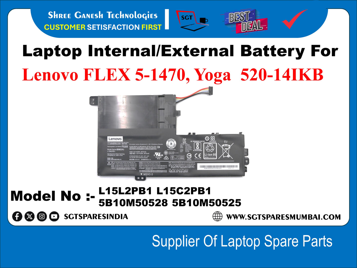Laptop Internal Compatible Battery For Lenovo FLEX 5-1470, Yoga 520-14IKB Model No :- L15L2PB1 L15C2PB1 5B10M50528 5B10M50525