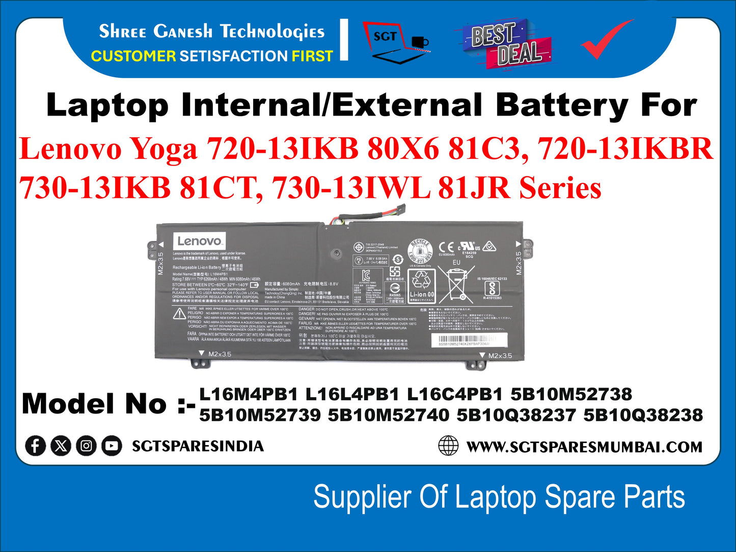 Laptop Internal Compatible Battery For Lenovo Yoga 720-13IKB 80X6 81C3, 720-131KBR 730-131KB 81CT, 730-131WL 81JR Series Model No :- L16M4PB1 L16L4PB1 L16C4PB1 5B10M52738 5B10M52739 5B10M52740 5B10038237 5B10038238