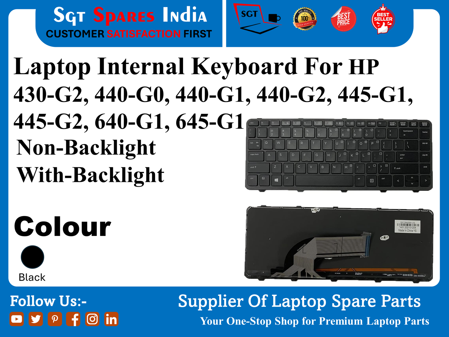 HP 430-G2, 440-GO, 440-G1, 440-G2, 445-G1, 445-G2, 640-G1, 645-G1 के लिए लैपटॉप इंटरनल कीबोर्ड बैकलाइट के साथ नॉन-बैकलाइट रंग काला