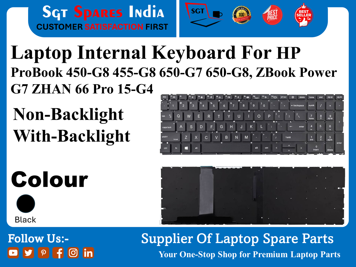 HP ProBook 450-G8 455-G8 650-G7 650-G8, ZBook Power G7 ZHAN 66 Pro 15-G4 नॉन-बैकलाइट विद-बैकलाइट के लिए लैपटॉप इंटरनल कीबोर्ड रंग काला