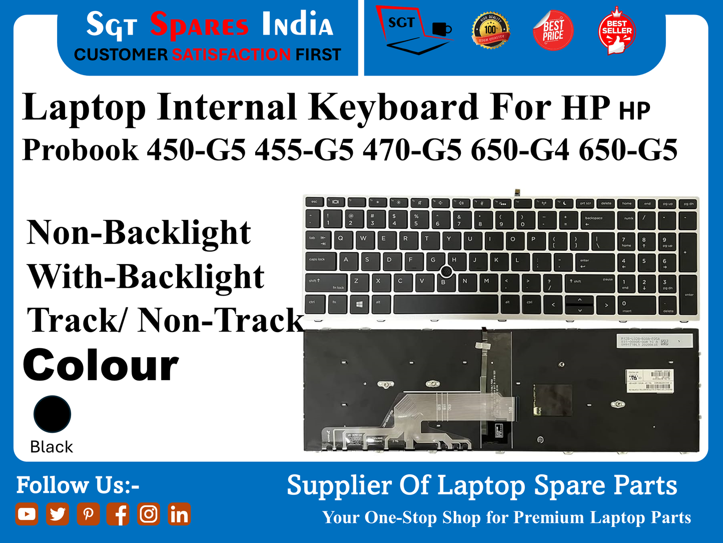 HP HP Probook 450-G5 455-G5 470-G5 650-G4 650-G5 नॉन-बैकलाइट विद-बैकलाइट ट्रैक/ नॉन-ट्रैक के लिए लैपटॉप इंटरनल कीबोर्ड रंग काला
