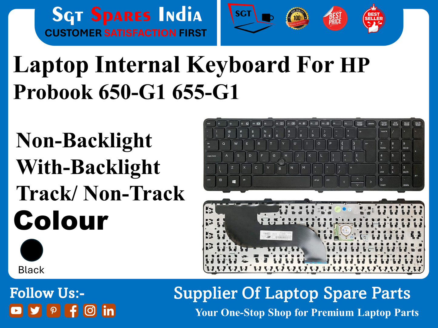 HP Probook 650-G1 655-G1 नॉन-बैकलाइट विद-बैकलाइट ट्रैक/ नॉन-ट्रैक के लिए लैपटॉप इंटरनल कीबोर्ड रंग काला
