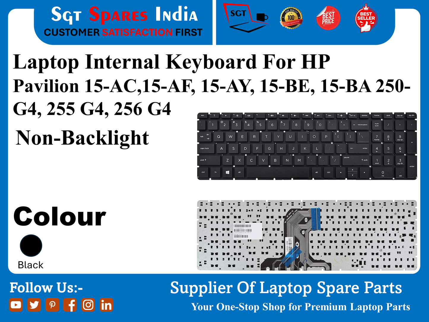 HP Pavilion 15-AC,15-AF, 15-AY, 15-BE, 15-BA 250- G4, 255 G4, 256 G4 के लिए लैपटॉप इंटरनल कीबोर्ड नॉन-बैकलाइट रंग काला