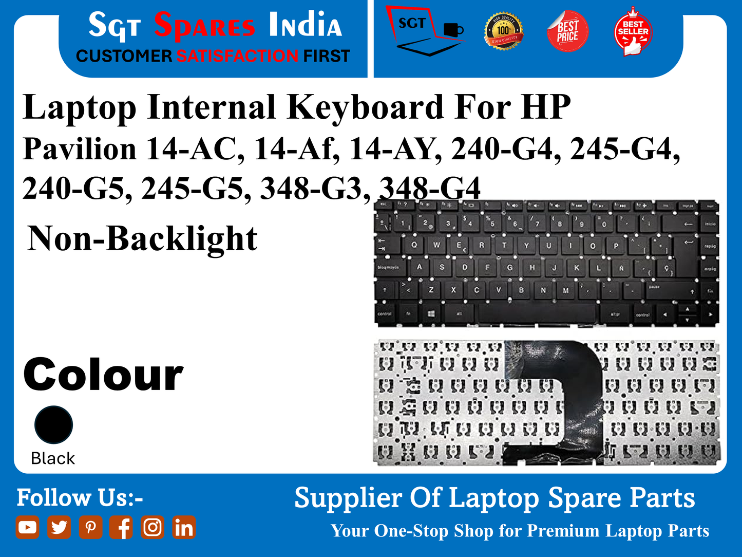 Laptop Internal Keyboard For HP Pavilion 14-AC, 14-Af, 14-AY, 240-G4, 245-G4, 240-G5, 245-G5, 348-G3, 348-G4 Non-Backlight Colour Black