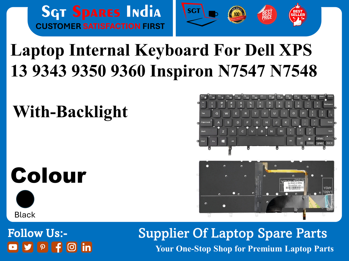 लैपटॉप आंतरिक कीबोर्ड Dell XPS 13 9343 9350 9360 Inspiron N7547 N7548 के लिए बैकलाइट के साथ रंग काला