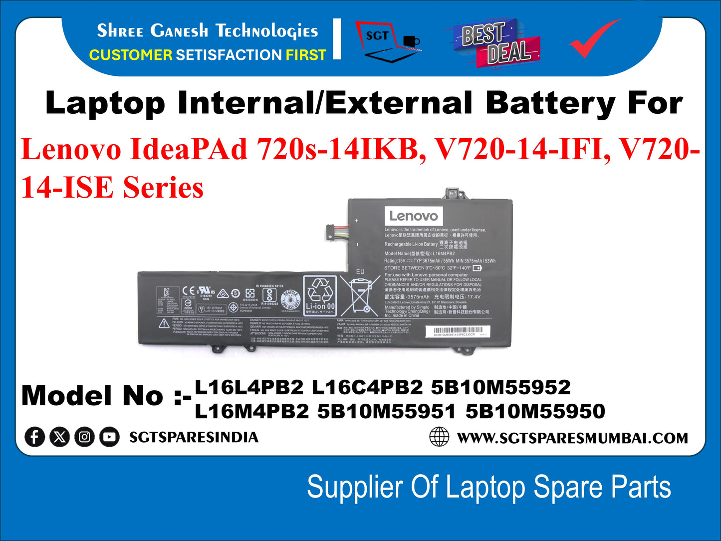 Laptop Internal Compatible Battery For Lenovo IdeaPAd 720s-14IKB, V720-14-IFI, V720- 14-ISE Series Model No : -L16L4PB2 L16C4PB2 5B10M55952 L16M4PB2 5B10M55951 5B10M55950