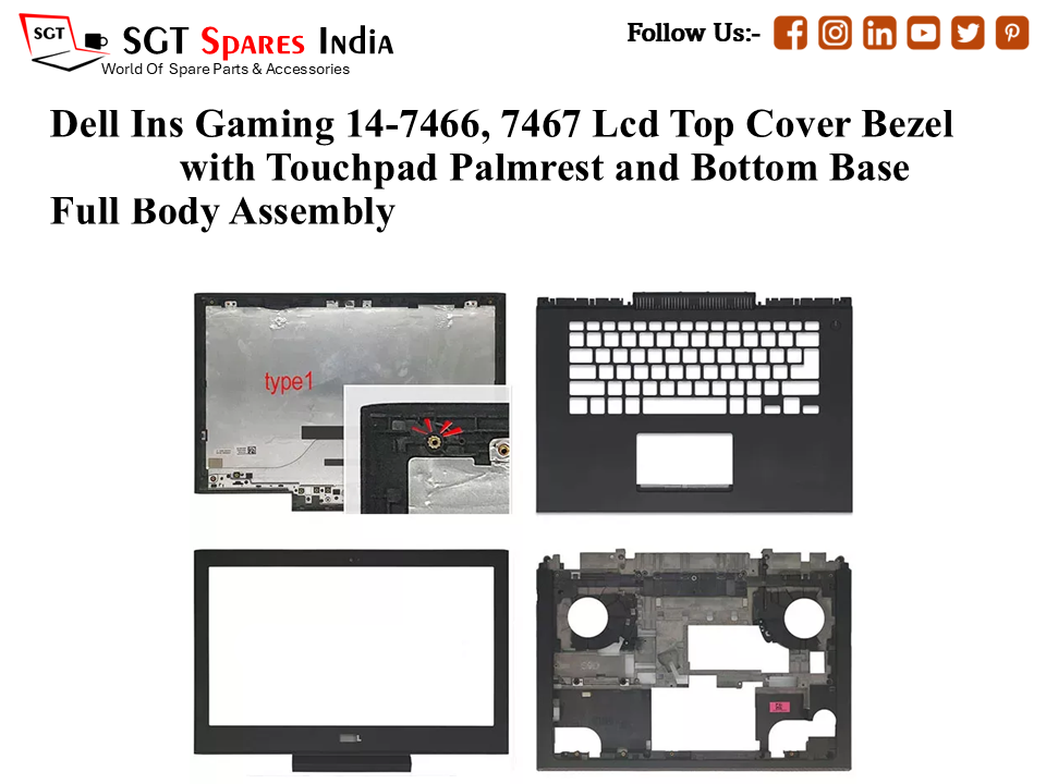 Dell Ins Gaming 14-7466, 7467 0XVFN6 Laptop Lcd Top Cover Bezel with Touchpad Palmrest and Bottom Base Full Body Assembly