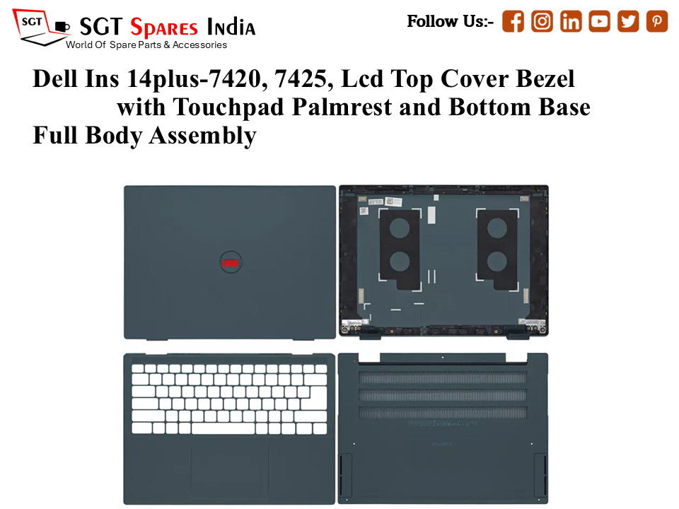 Dell Ins 14plus-7420, 7425, 0VCTGM Laptop Lcd Top Cover Bezel with Touchpad Palmrest and Bottom Base Full Body Assembly