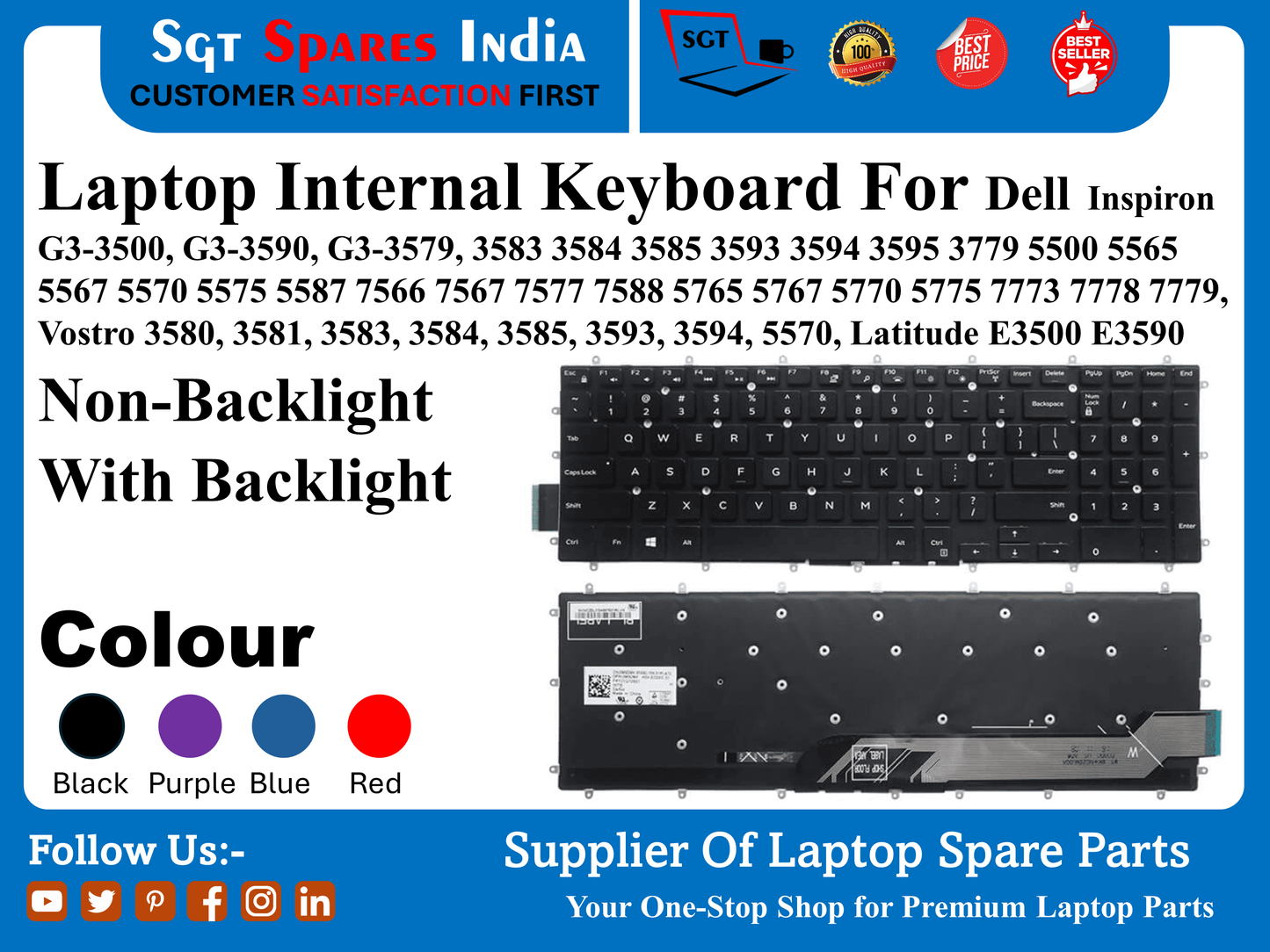 लैपटॉप कीबोर्ड Dell inspiron G3-3500, G3-3590, G3-3579, 3583 5565 5567 5570 5575 5587 7566 7567 7577 7588 5765 5767 5770 5775 7773 7778 7779, Vostro 3580, 3581, 3583, 3584, 3585, 3593, 3594, 5570, Latitude E3500 E3590 के लिए