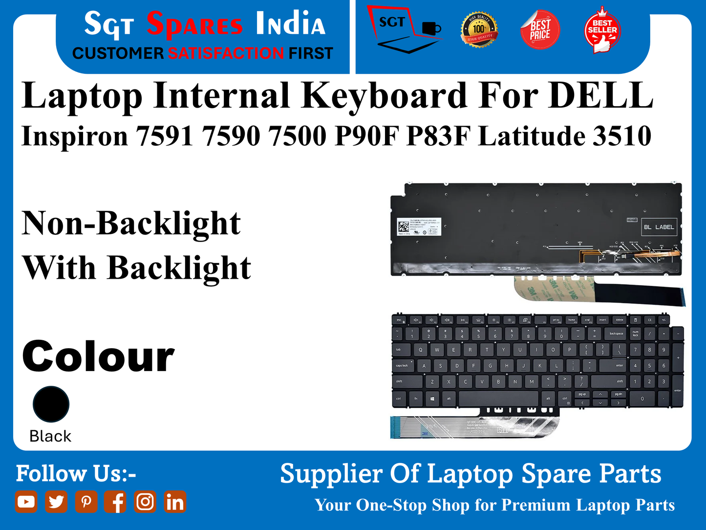 लैपटॉप आंतरिक कीबोर्ड DELL Inspiron 7591 7590 7500 P90F P83F Latitude 3510 नॉन-बैकलाइट बैकलाइट के साथ रंग काला