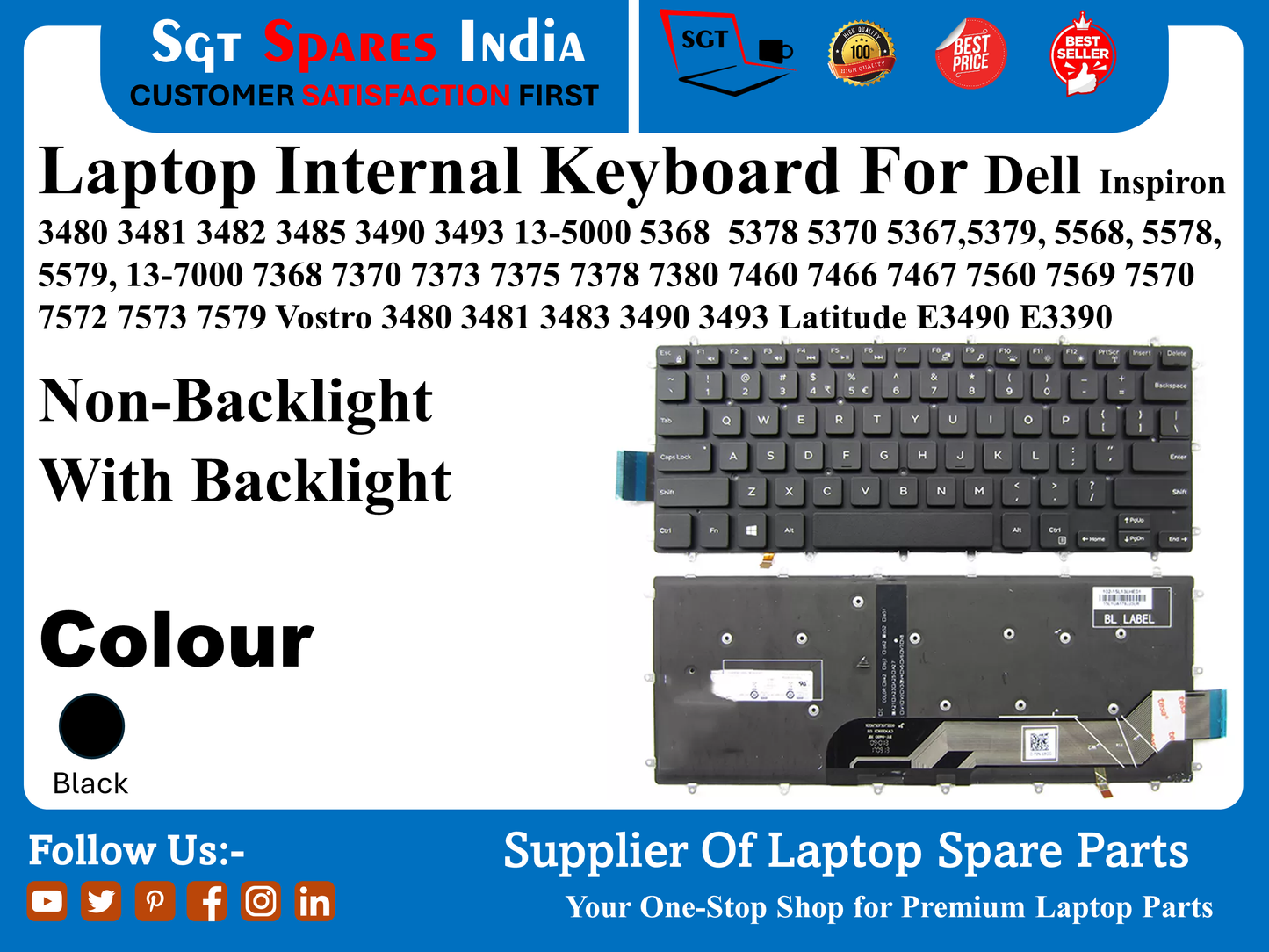 Dell Inspiron के लिए लैपटॉप इंटरनल कीबोर्ड 3480 3481 3482 3485 3490 3493 13-5000 5368 5378 5370 5367,5379, 5568, 5578, 5579, 13-7000 7368 7370 7373 7375 7378 7380 7460 7466 7467 7560 7569 7570 7572 7573 7579 वोस्ट्रो 3480 3481 3483 3490 3493 अक्षांश E3490