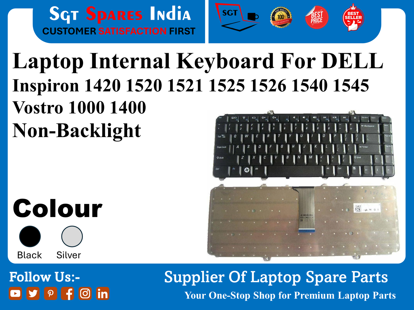 लैपटॉप आंतरिक कीबोर्ड DELL Inspiron 1420 1520 1521 1525 1526 1540 1545 Vostro 1000 1400 नॉन-बैकलाइट रंग काला सिल्वर