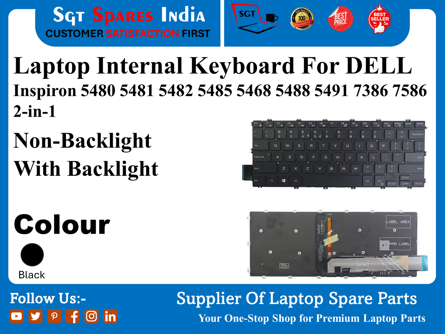 लैपटॉप इंटरनल कीबोर्ड DELL Inspiron 5480 5481 5482 5485 5468 5488 5491 7386 7586 2-इन-1 नॉन-बैकलाइट बैकलाइट के साथ रंग काला