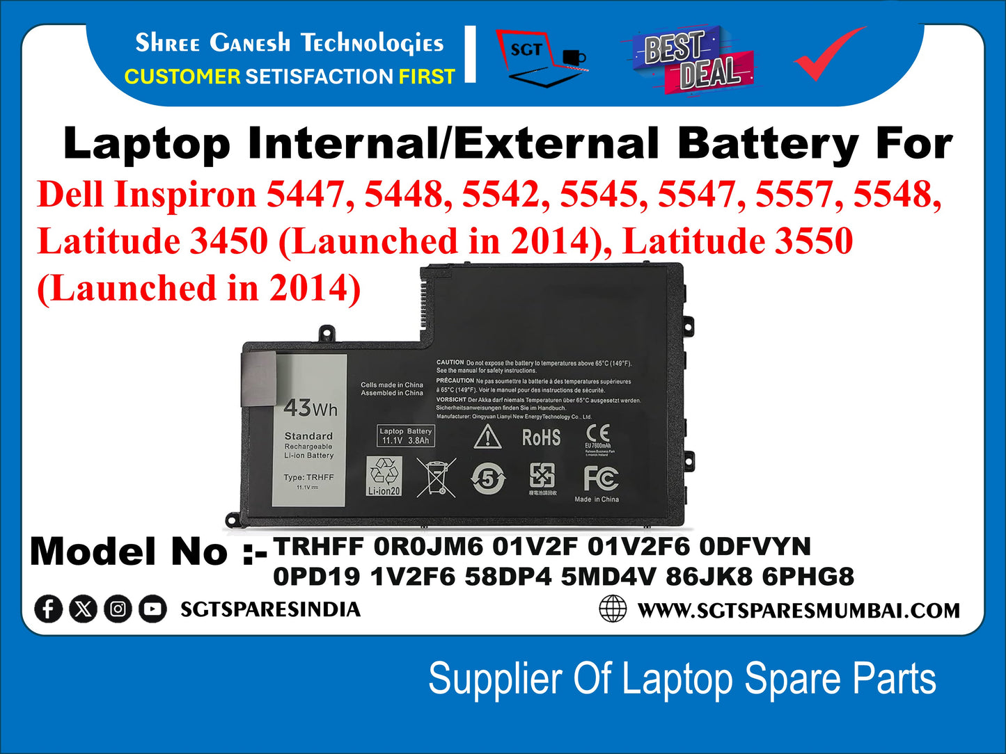Laptop Internal Compatible Battery For Dell Inspiron 5447, 5448, 5542, 5545, 5547, 5557, 5548, Latitude 3450 (Launched in 2014), Latitude 3550 (Launched in 2014) 43wh Model No : - TRHFF OROJM6 01V2F 01V2F6 ODFVYN OPD19 1V2F6 58DP4 5MD4V 86JK8 6PHG8