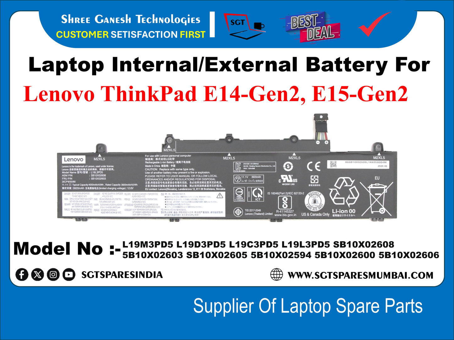 Laptop Internal Compatible Battery For Lenovo ThinkPad E14-Gen2, E15-GeN2 Model no:- 5810X02603 SB10X02605 5B10X02594 5B10X02600 5B10X02606