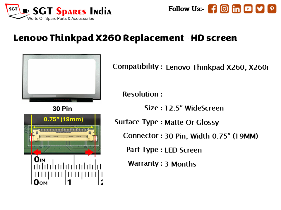 Lenovo Thinkpad X260, X260, A260, A265 30 PIN Laptop Screen