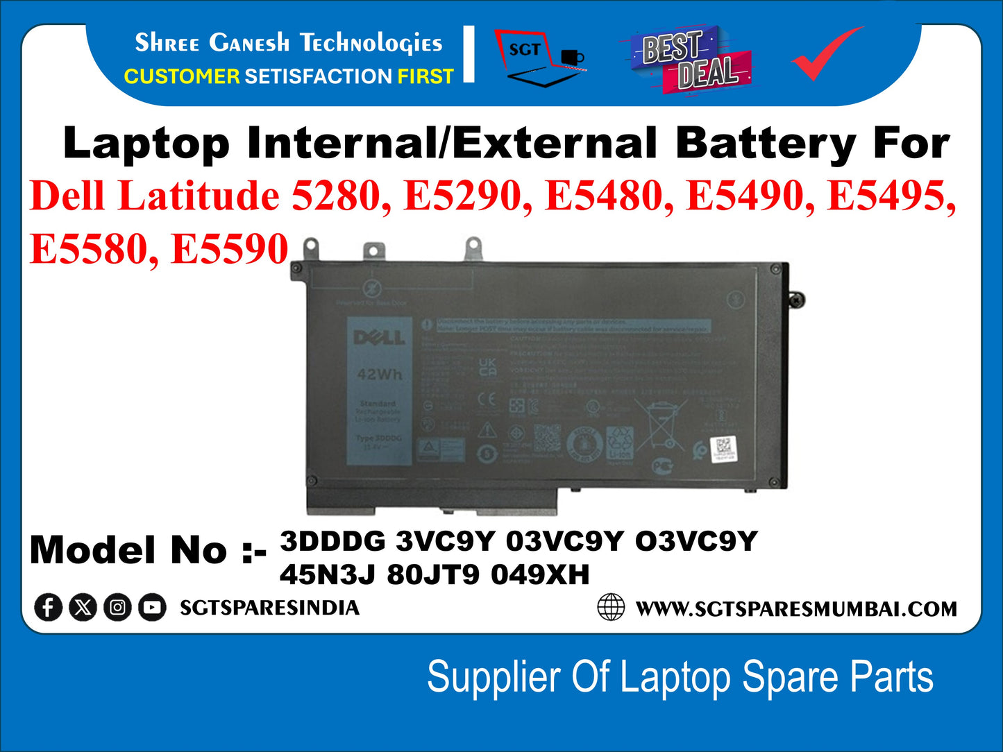 Laptop Internal Compatible Battery For Dell Latitude 5280, E5290, E5480, E5490, E5495, E5580, E5590 DEAL Model No :- 3DDDE 3VC9Y 03VC9Y O3VC9Y 45N3J 80JT9 049XH