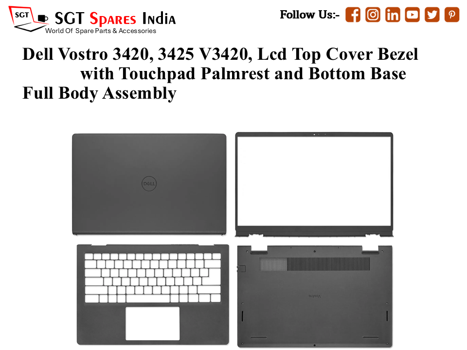 Dell Vostro 3420, 3425 V3420, 0YVT09 Laptop Lcd Top Cover Bezel with Touchpad Palmrest and Bottom Base Full Body Assembly