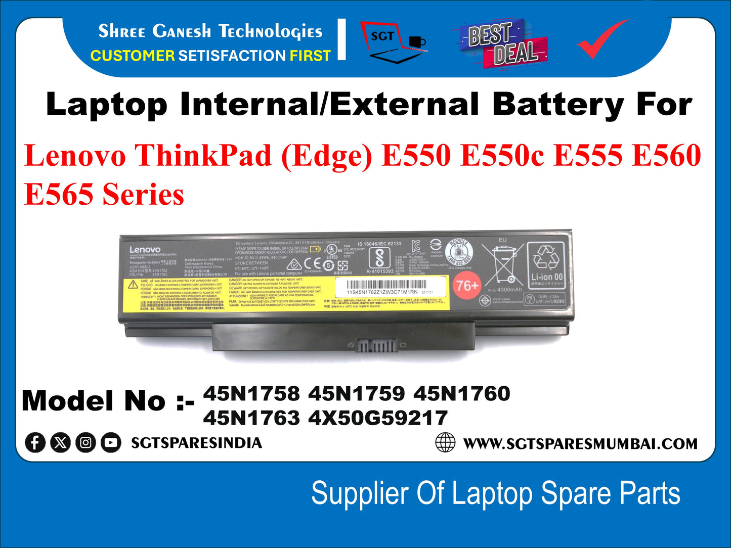 Laptop External Compatible Battery For Lenovo ThinkPad (Edge) E550 E550c E555 E560 E565 Series Model No :- 45N1758 45N1759 45N1760 45N1763 4X50G59217
