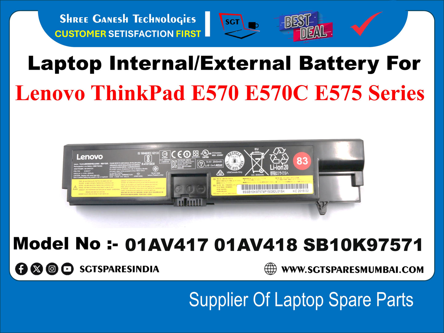 Laptop Internal Compatible Battery For Lenovo ThinkPad E570 E570C E575 Series Model No :- 01AV417 01AV418 5B10K97571