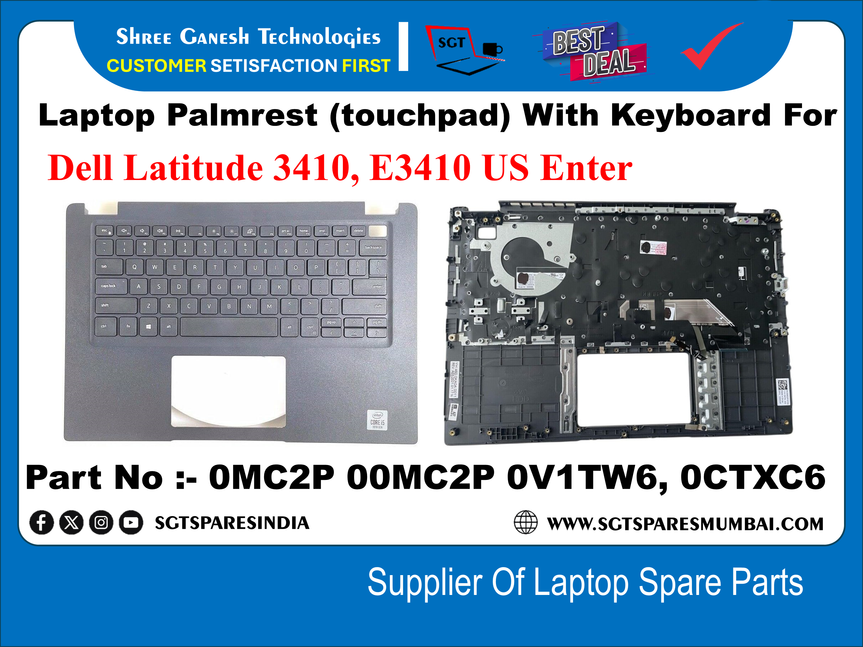Laptop Palmrest (touchpad) With Keyboard For Dell Latitude 3410