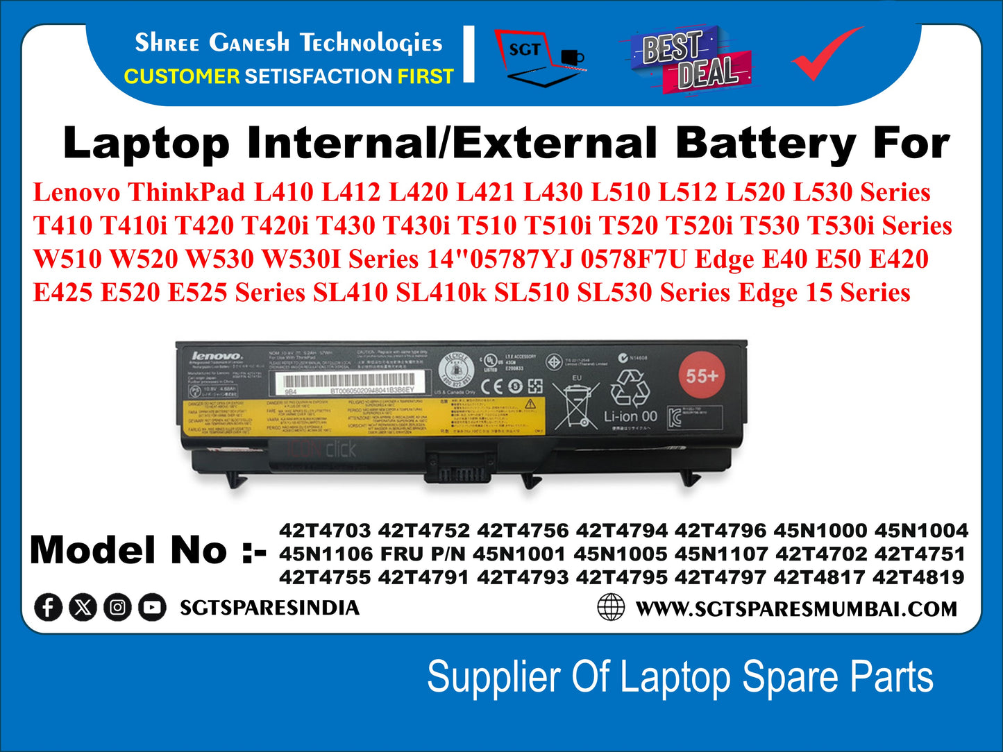 Laptop External Battery For Lenovo ThinkPad L410 L412 L420 L421 L430 L510 L512 L520 L530 Series T410 T410i T420 T420i T430 T430 T510 T510i T520 T520i T530 T530i Series W510 W520 W530 W530I Series 14"05787YJ 0578F7U Edge E40 E50 E420 E425 E520 E525 Edge 15