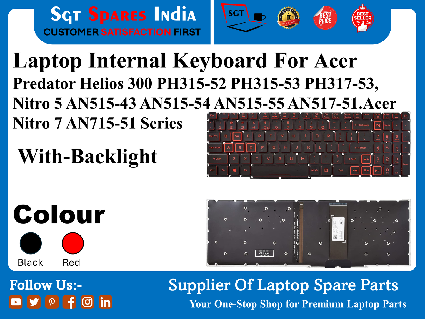एसर प्रीडेटर हेलिओस 300 PH315-52 PH315-53 PH317-53, नाइट्रो 5 AN515-43 AN515-54 AN515-55 AN517-51 के लिए लैपटॉप इंटरनल कीबोर्ड.एसर नाइट्रो 7 AN715-51 सीरीज बैकलाइट के साथ रंग काला लाल