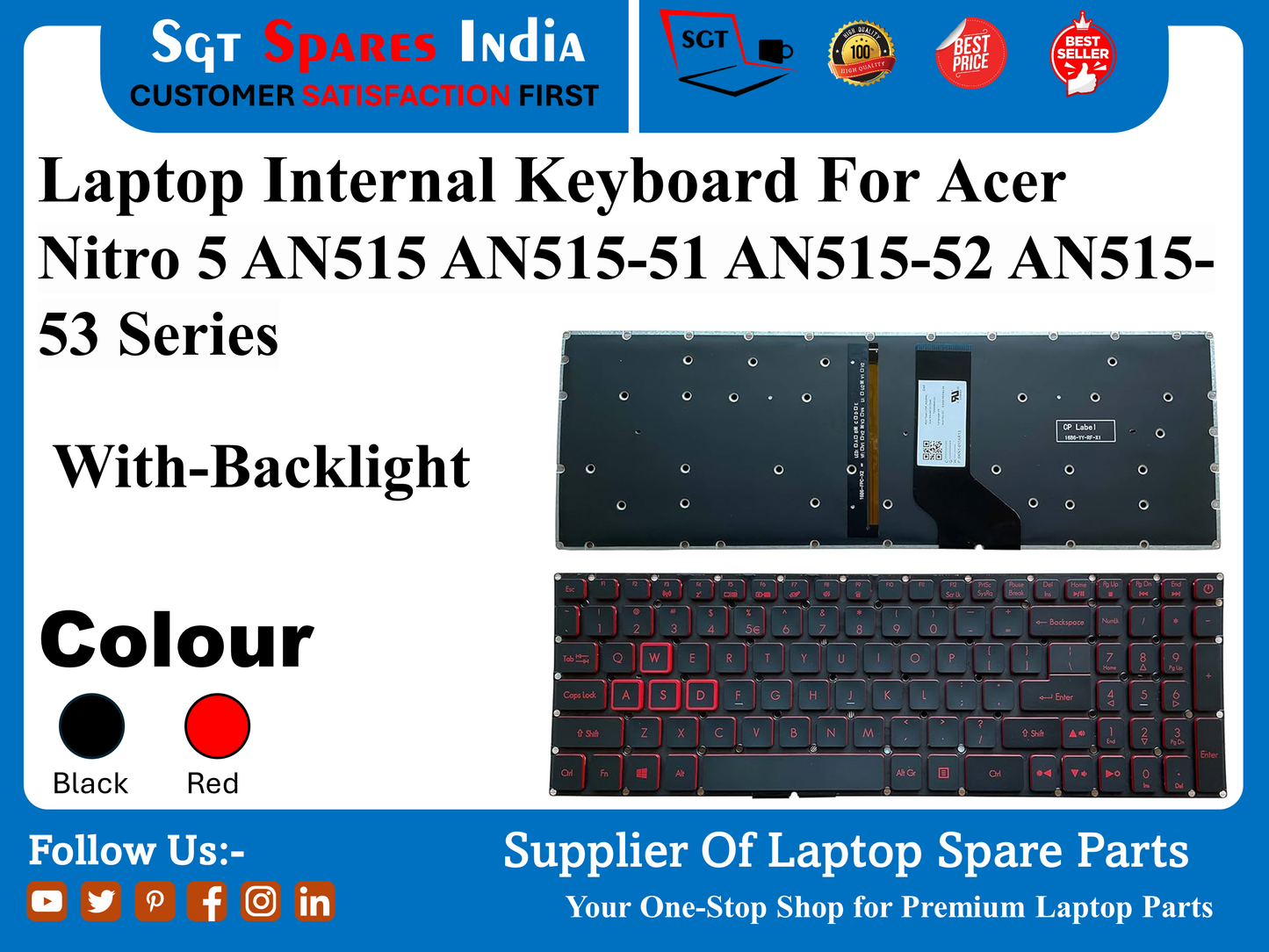 एसर नाइट्रो 5 AN515 AN515-51 AN515-52 AN515- 53 सीरीज के लिए लैपटॉप इंटरनल कीबोर्ड बैकलाइट के साथ रंग काला लाल