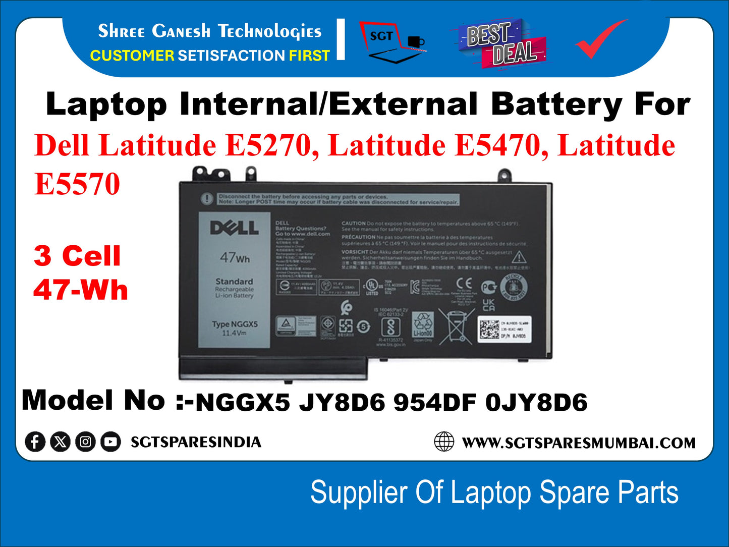 Dell Latitude E5270, Latitude E5470, Latitude E5570 3 सेल 47-Wh मॉडल नंबर =-NGGX5 JY8D6 954DF 0JY8D6 के लिए लैपटॉप आंतरिक संगत बैटरी