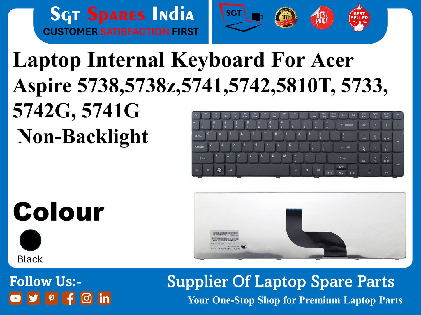 Acer Aspire 5738,57382,5741,5742,5810T, 5733, 5742G, 5741G के लिए लैपटॉप इंटरनल कीबोर्ड नॉन-बैकलाइट रंग काला