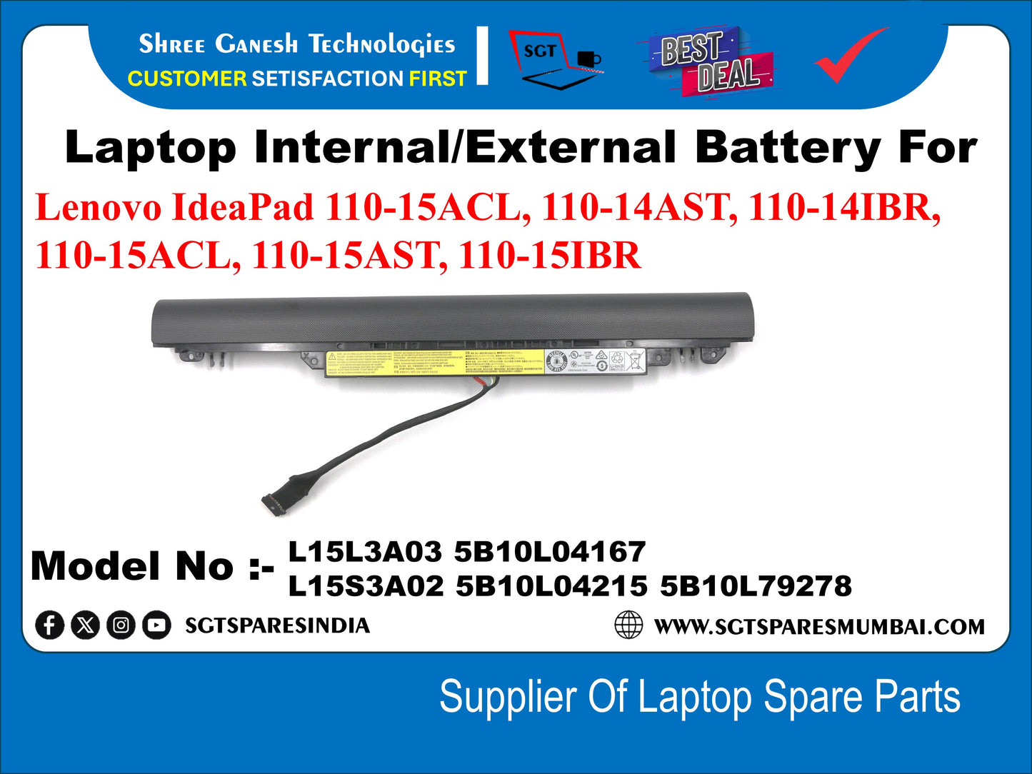 Laptop Internal Compatible Battery For Lenovo IdeaPad 110-15ACL, 110-14AST, 110-14iBR, 110-15ACL, 110-15AST, 110-15IBR L15L3A03 5B10L04167 L15S3A02 5B10L04215 5B10L79278
