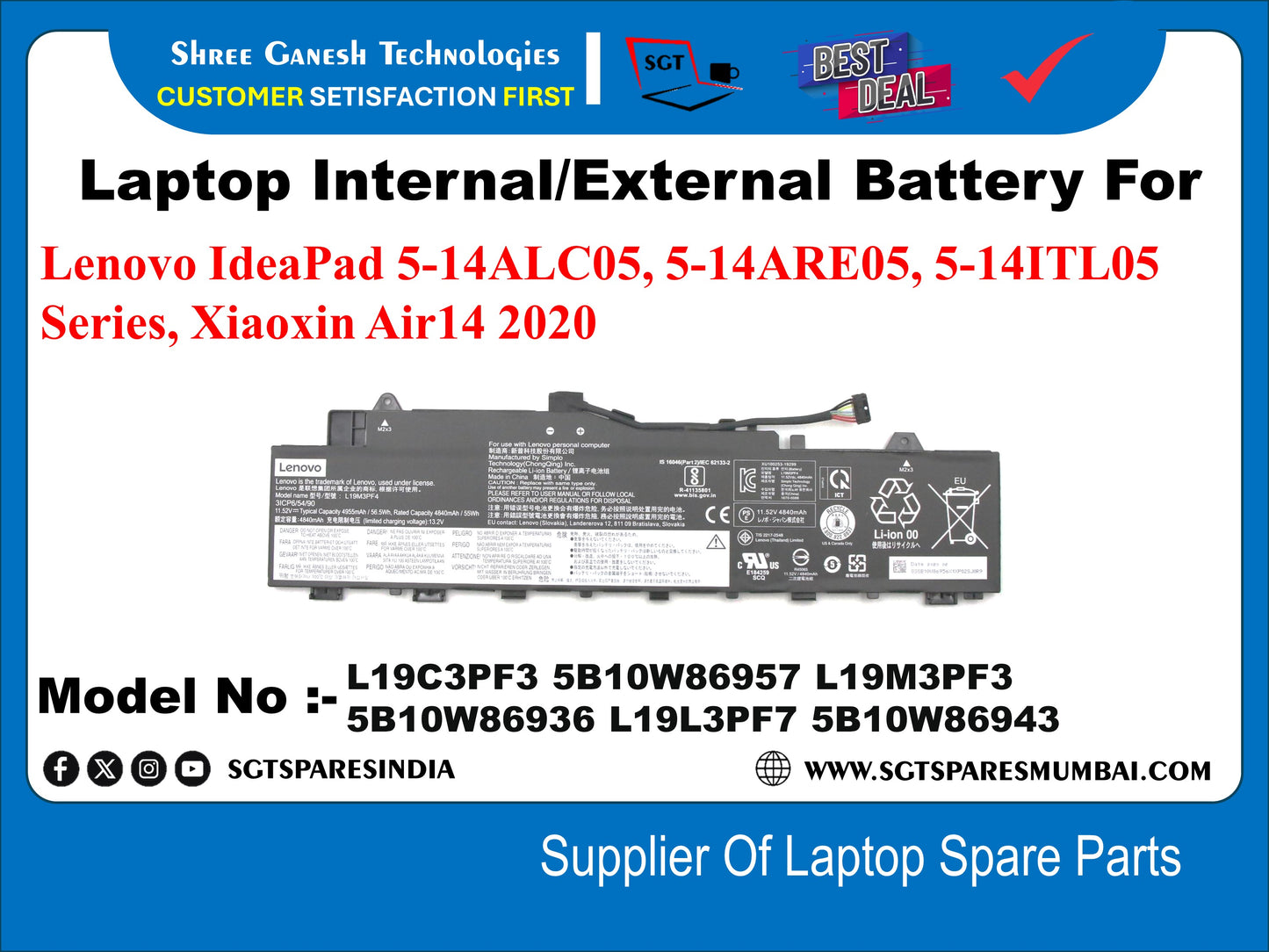 Laptop Internal Compatible Battery For Lenovo IdeaPad 5-14ALC05, 5-14ARE05, 5-14ITL05 Series, Xiaoxin Air14 2020 Model No :- L19C3PF3 5B10W86957 L19M3PF3 5B10W86936 L19L3PF7 5B10W86943