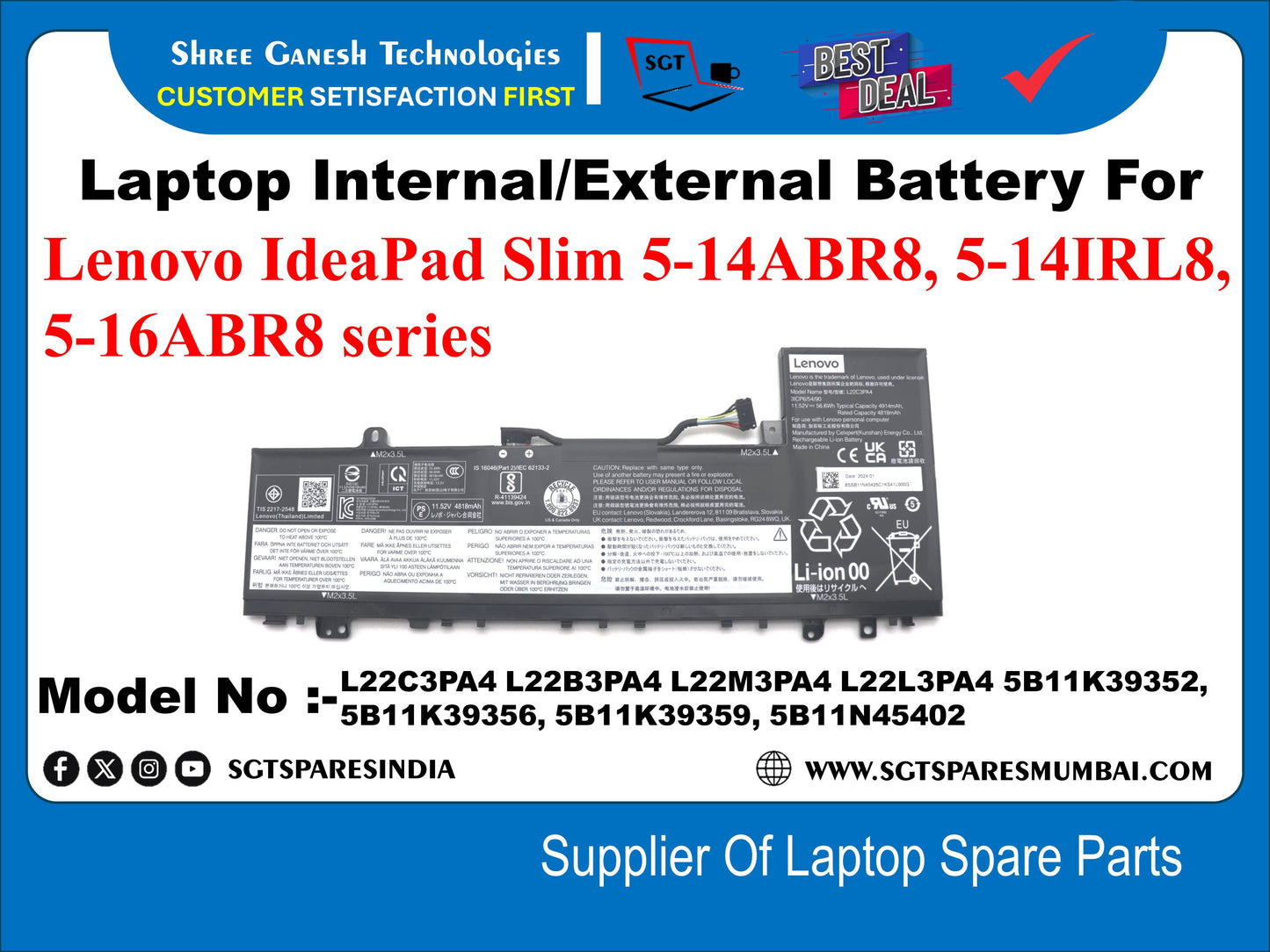 Laptop Internal Compatible Battery For Lenovo IdeaPad Slim 5-14ABR8, 5-14IRL8, 5-16ABR8 series Model No :- L22C3PA4 L22B3PA4 L22M3PA4 L22L3PA4 5B11K39352 5B11K39356, 5B11K39359, 5B11N45402