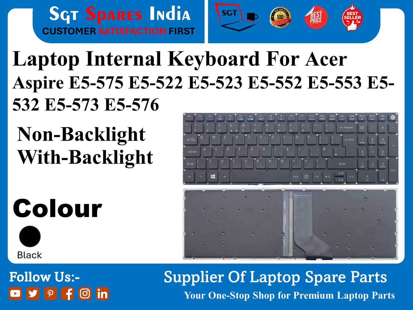 लैपटॉप आंतरिक कीबोर्ड एसर एस्पायर E5-575 E5-522 E5-523 E5-552 E5-553 E5- 532 E5-573 E5-576 नॉन-बैकलाइट विद-बैकलाइट रंग काला