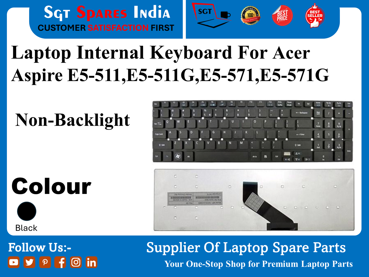 Laptop Internal Keyboard For Acer Aspire E5-511,E5-511G,E5-571,E5-571G Non-Backlight Colour Black