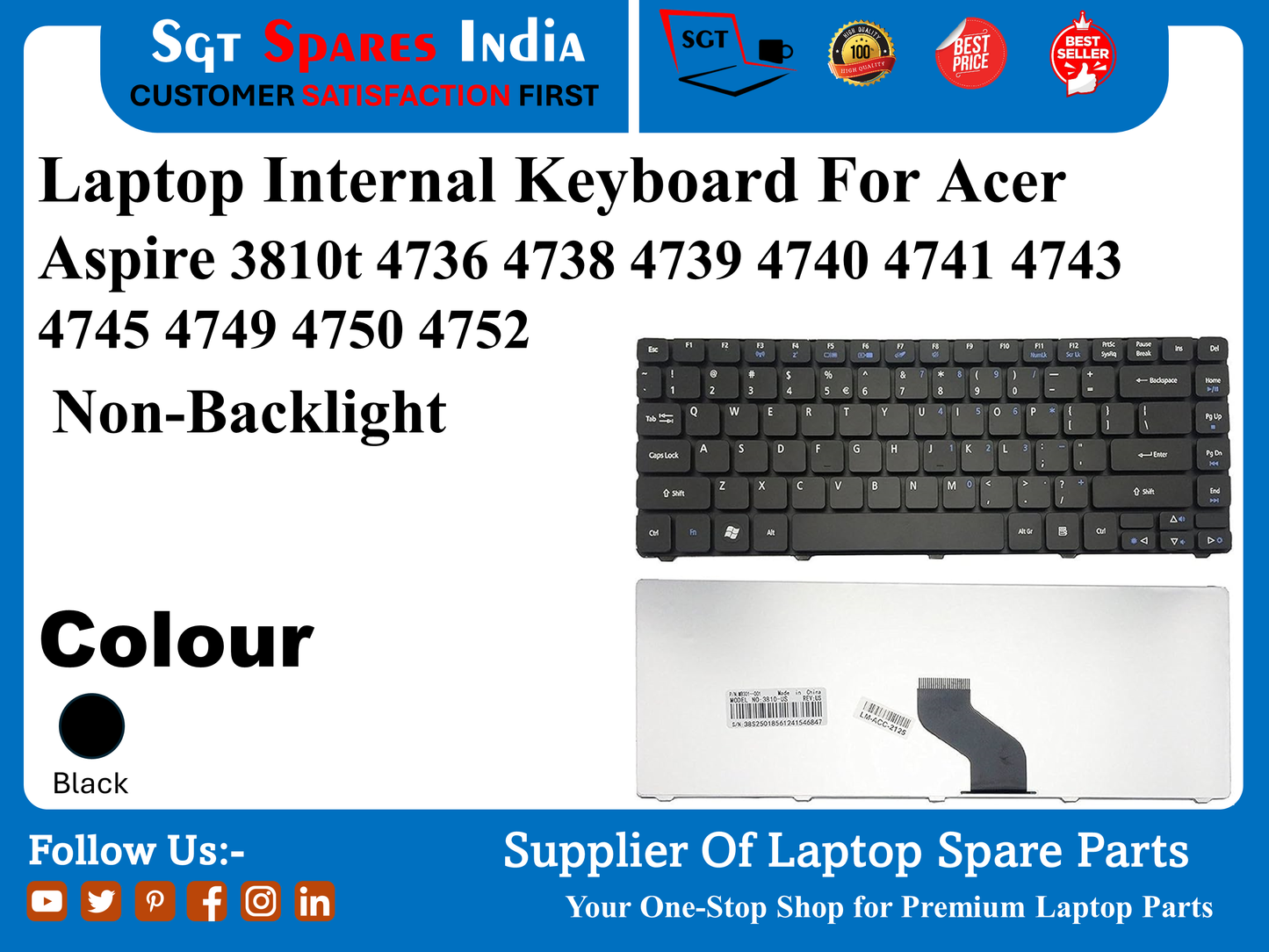 लैपटॉप आंतरिक कीबोर्ड Acer Aspire 3810t 4736 4738 4739 4740 4741 4743 4745 4749 4750 4752 के लिए नॉन-बैकलाइट रंग काला