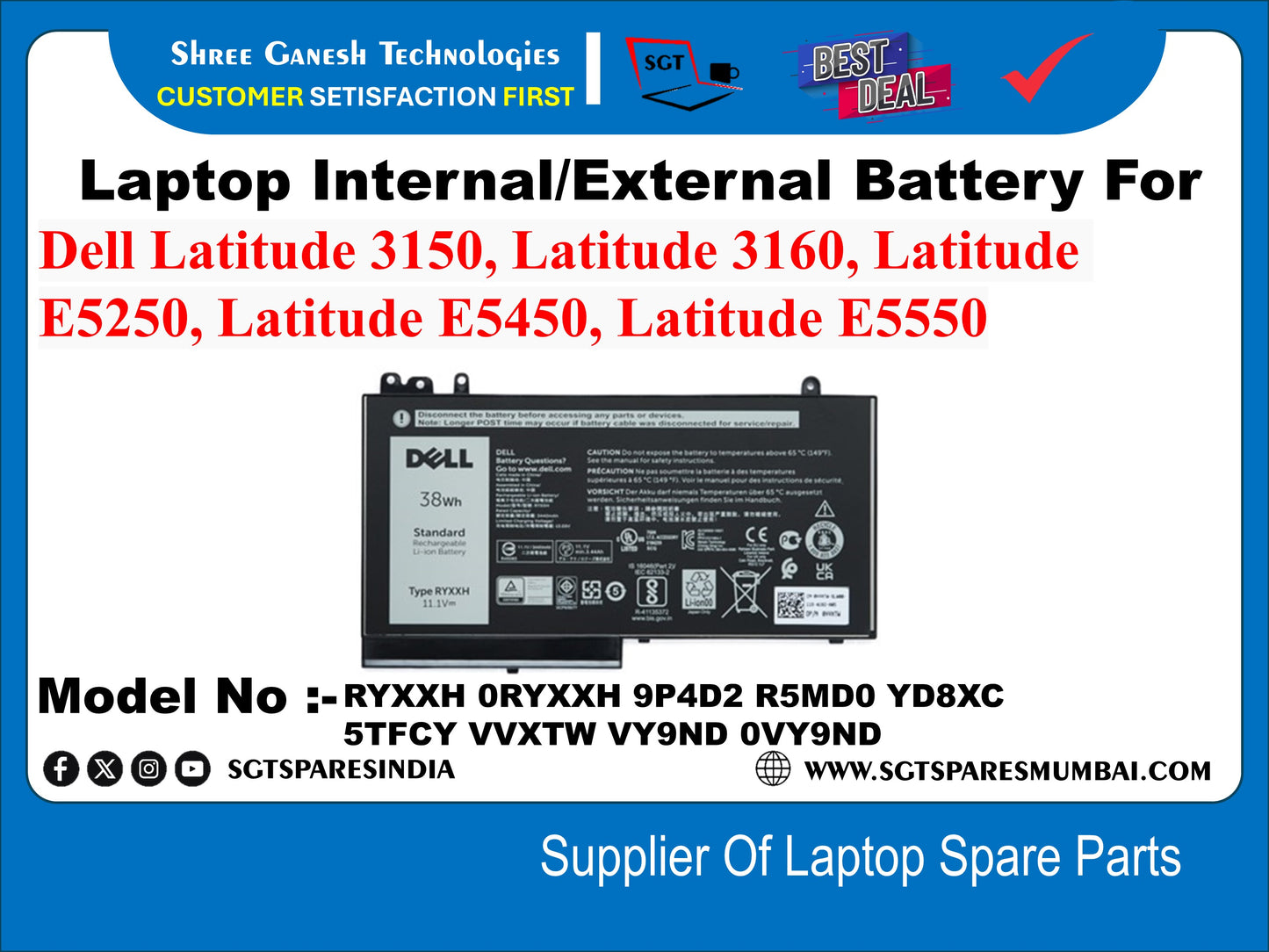 Laptop Internal compatible Battery For Dell Latitude 3150, Latitude 3160, Latitude E5250, Latitude E5450, Latitude E5550 Model No :-RYXXH ORYXXH 9P4D2 R5MDO YD8XC 5TFCY VVXTW VY9ND OVY9ND