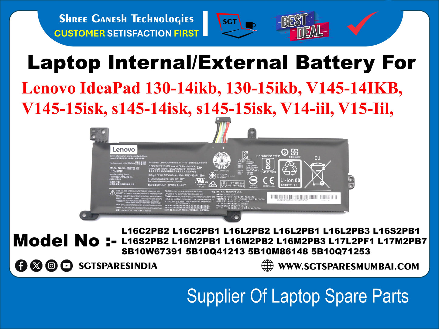Laptop Internal Compatible Battery For Lenovo IdeaPad 130-14ikb, 130-15ikb, V145-141KB, V145-15isk, s145-14isk, s145-15isk, V14-iil, V15-Til, L16C2PB2 L16C2PB1 L16L2PB2 L16L2PB1 L16L2PB3 L16S2PB1 L1652PB2 L16M2PB1 L16MPB2 L16MPB3 L17L2PF1 L17M2PB7