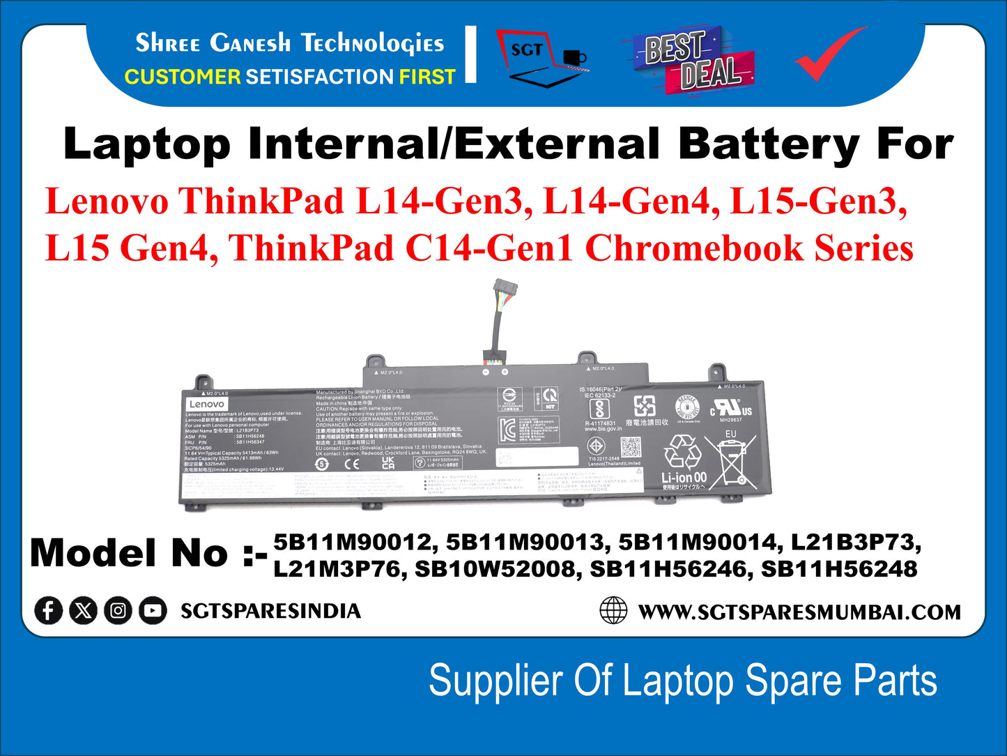 Laptop Internal Compatible Battery For Lenovo ThinkPad L14-Gen3, L14-Gen4, L15-Gen3, L15 Gen4, ThinkPad C14-Gen1 Chromebook Series Model No :- 5B11M90012, 5B11M90013, 5B11M90014, L21B3P73, 521M3P76, 5B10W52008, 5B11H56246, 5B11H56248