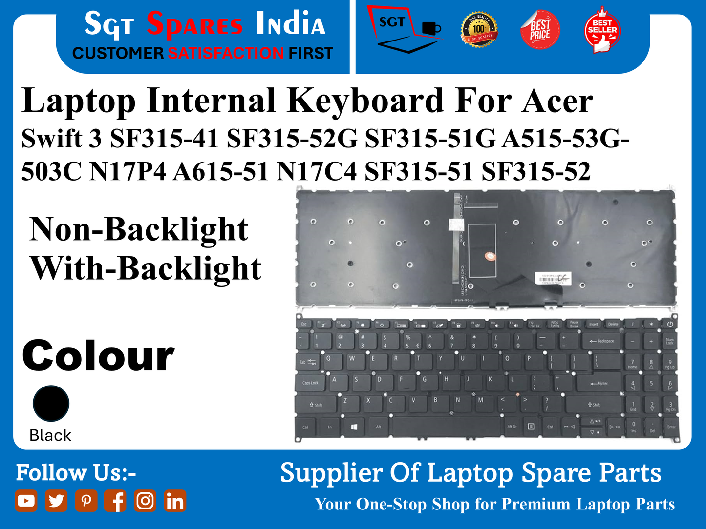 लैपटॉप इंटरनल कीबोर्ड Acer Swift 3 SF315-41 SF315-52G SF315-51G A515-53G- 503C N17P4 A615-51 N17C4 SF315-51 SF315-52 नॉन-बैकलाइट विद-बैकलाइट रंग काला