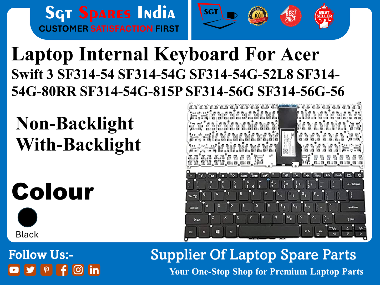 एसर स्विफ्ट 3 के लिए लैपटॉप आंतरिक कीबोर्ड SF314-54 SF314-54G SF314-54G-52L8 SF314- 54G-80RR SF314-54G-815P SF314-56G SF314-56G-56 नॉन-बैकलाइट बैकलाइट के साथ रंग काला