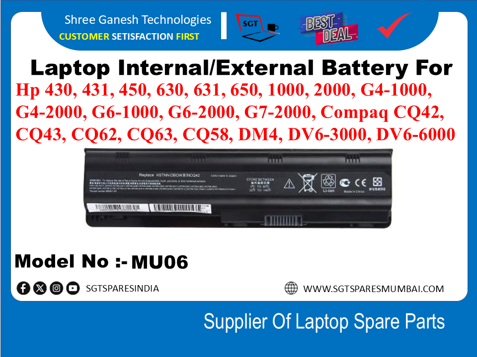 H-P MU06 External Battery For Hp 430, 431, 450, 630, 631, 650, 1000, 2000, G4-1000, G4-2000, G6-1000, G6-2000, G7-2000, Compaq CQ42, CQ43, CQ62, CQ63, CQ58, DM4, DV6-3000, DV6-6000