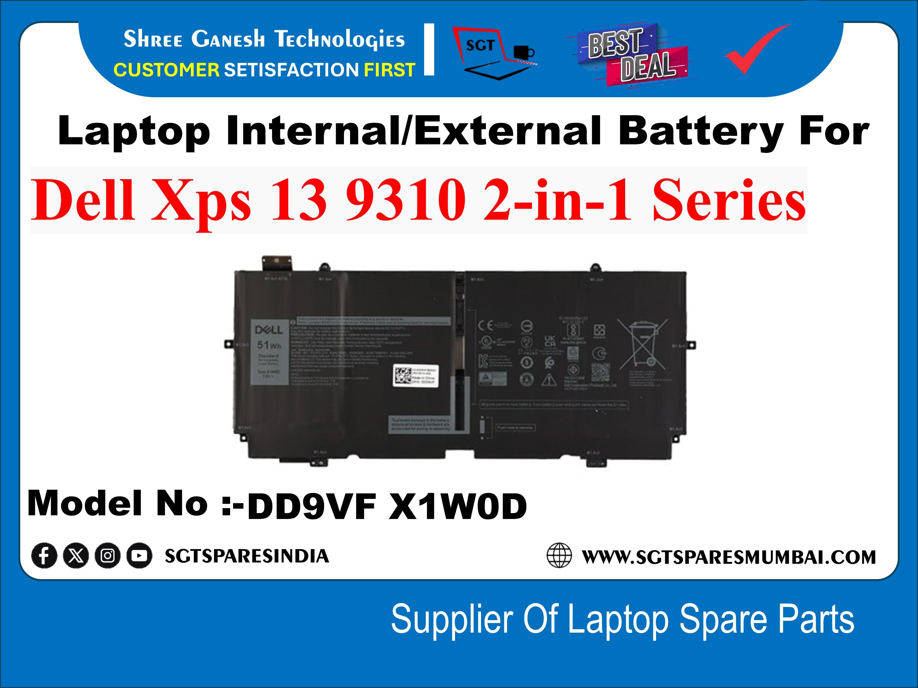 Batterie pour PC portable Dell XPS 13 9310 2-IN-1 Batterie pour PC portable Dell XPS 13 9310 2-IN-1