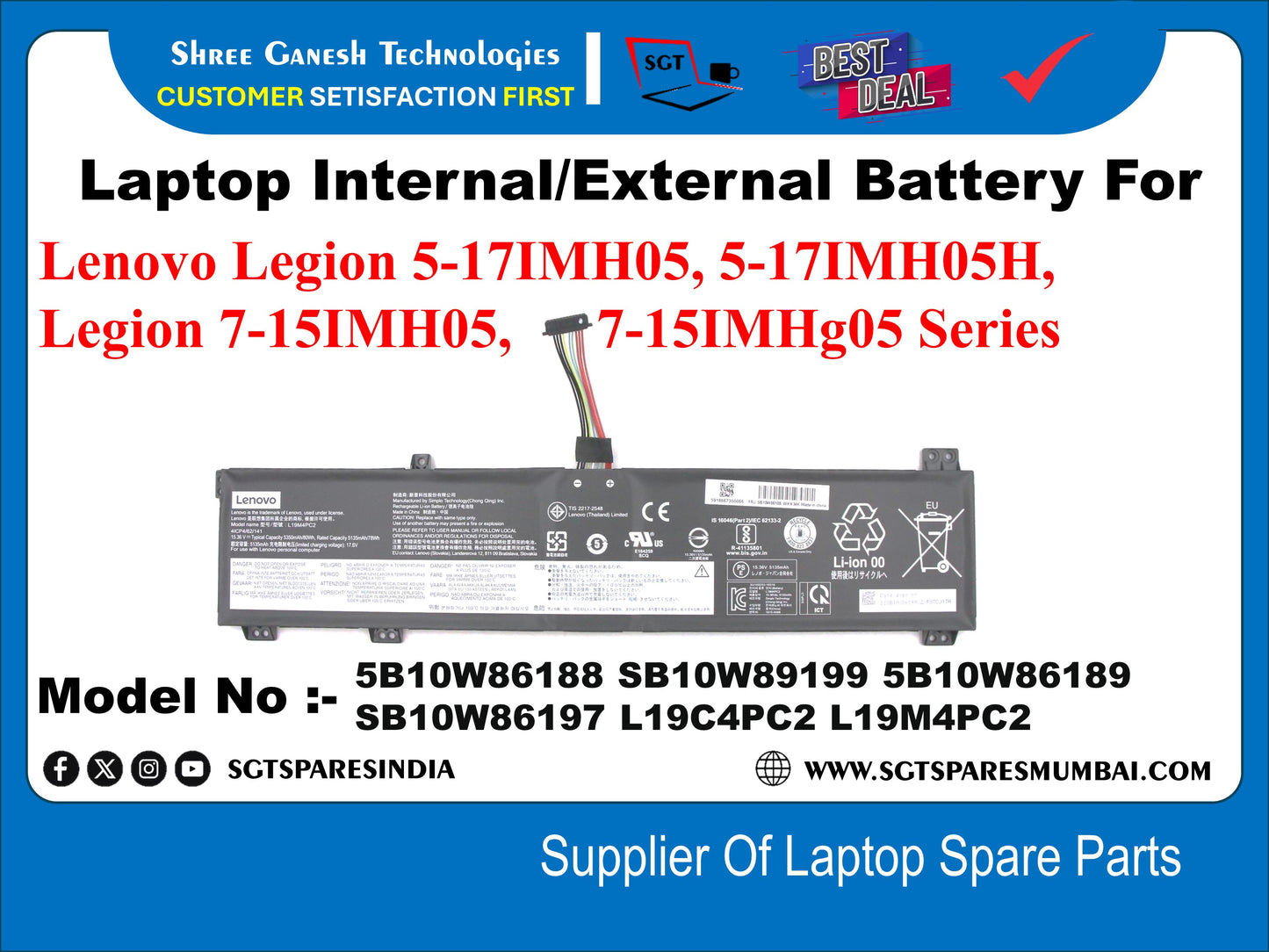 Laptop Internal Compatible Battery For Lenovo Legion 5-17IMH05, 5-17IMH05H, Legion 7-15IMH05, -7-15IMHg05 Series Model No :- 5B10W86188, 5B10W89199, 5B10W86189, 5B10W86197, L19C4PC2, L19M4PC2
